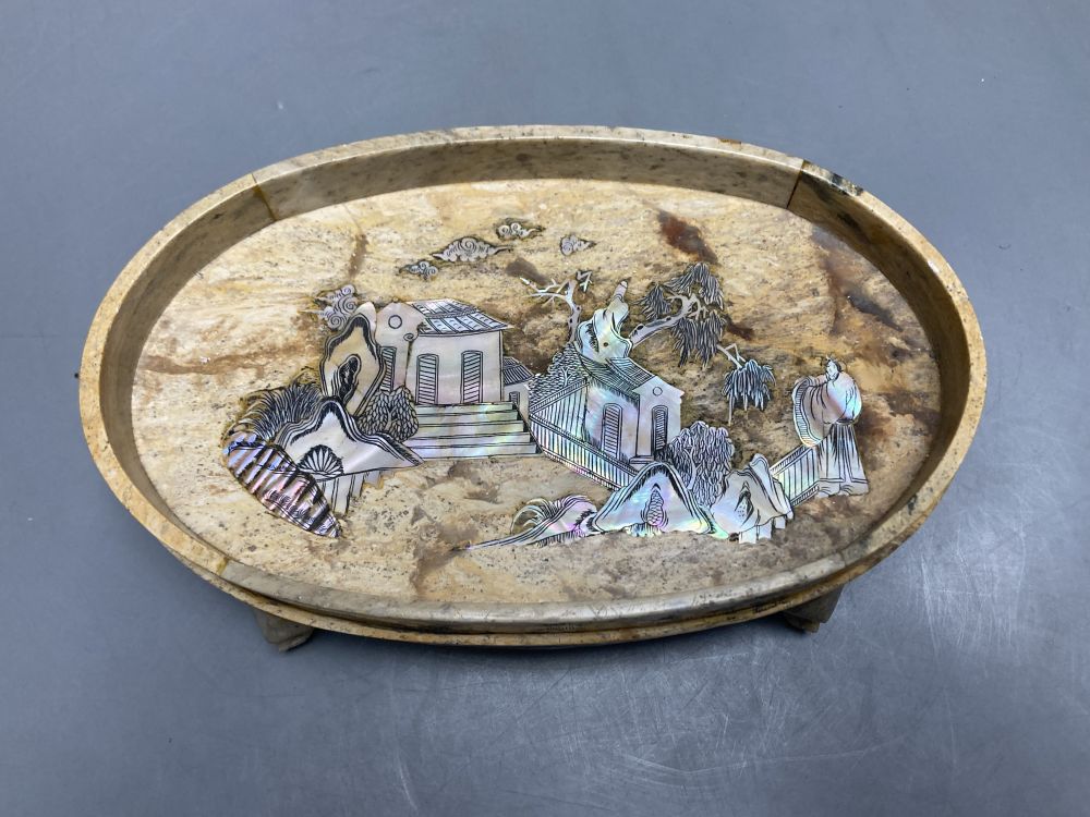 An oval alabaster and mother of pearl dish, width 22cm